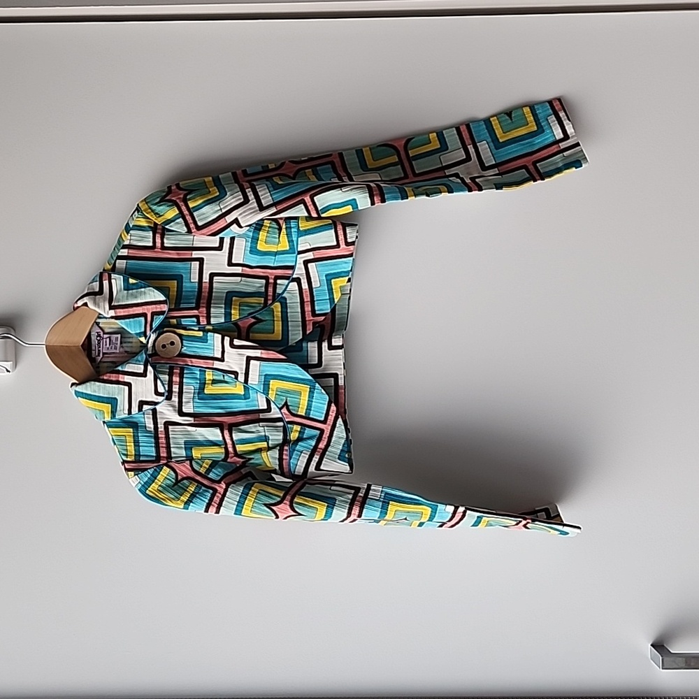 Kenzie Girl Geometric Pattern Retro Single Button Curved Cropped Jacket